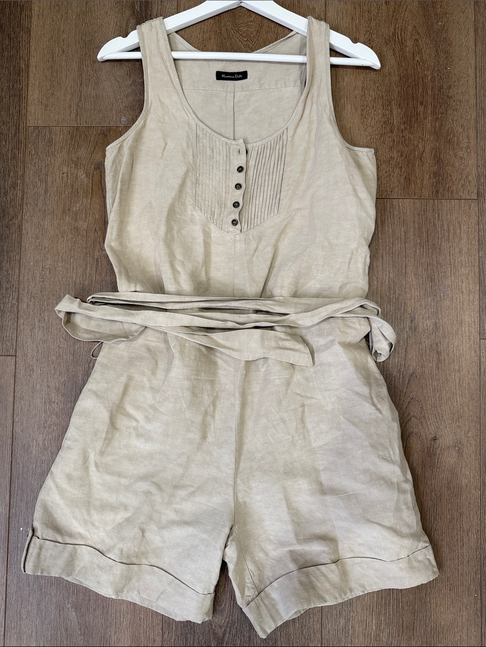 Massimo Dutti Beige Linen Sleeveless Romper with Waist Tie